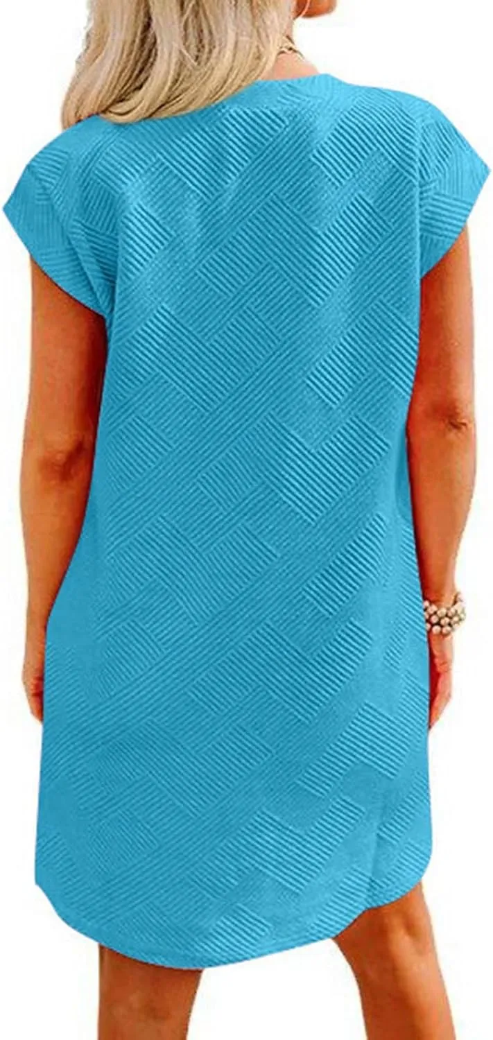 ZDRZK Dresses for Women Casual Cap Sleeve Solid Color Work Sundresses with Pockets Summer Loose Fit Crewneck Mini Dress