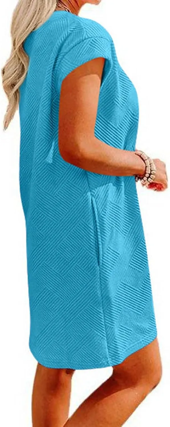 ZDRZK Dresses for Women Casual Cap Sleeve Solid Color Work Sundresses with Pockets Summer Loose Fit Crewneck Mini Dress