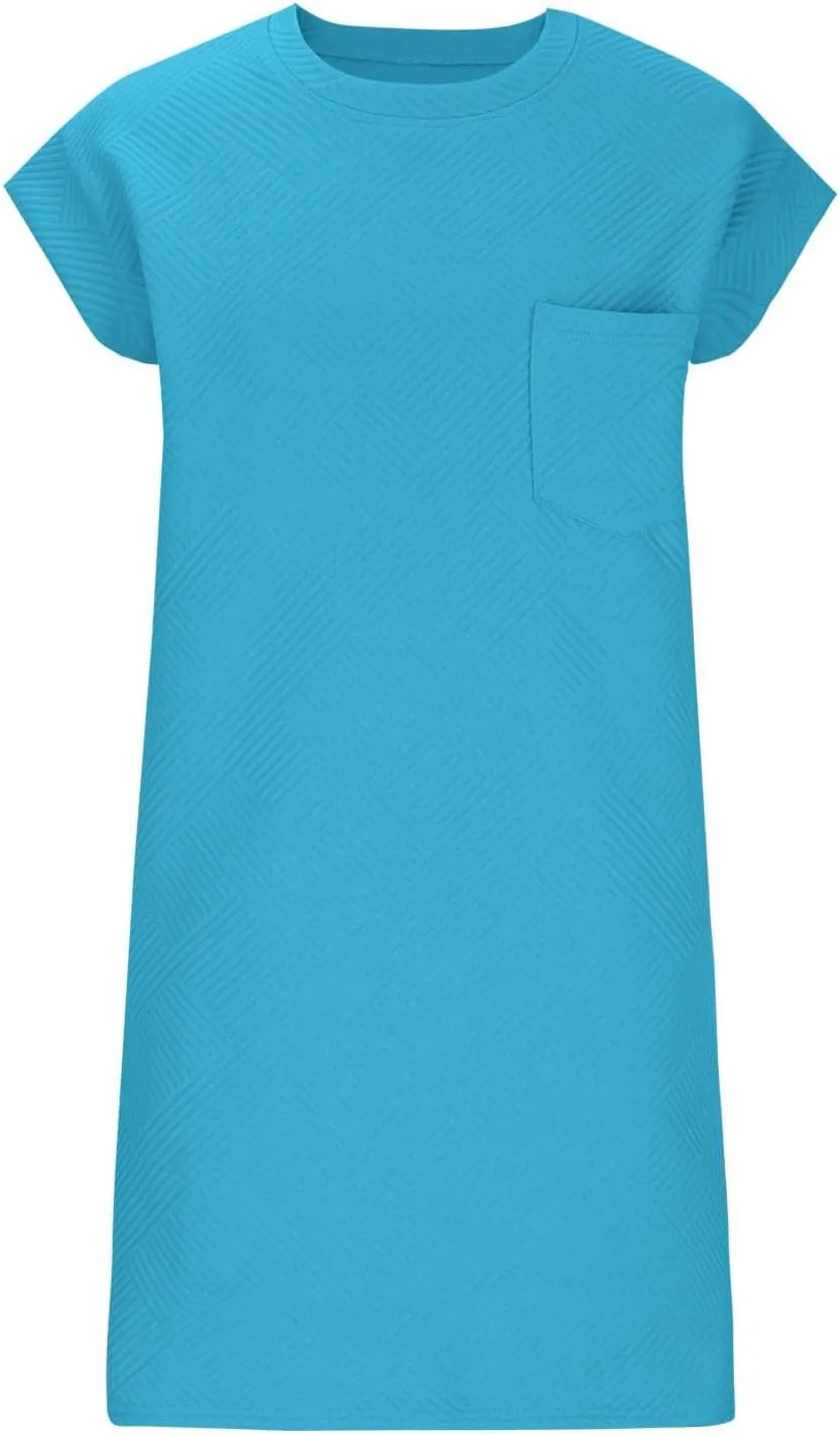 ZDRZK Dresses for Women Casual Cap Sleeve Solid Color Work Sundresses with Pockets Summer Loose Fit Crewneck Mini Dress