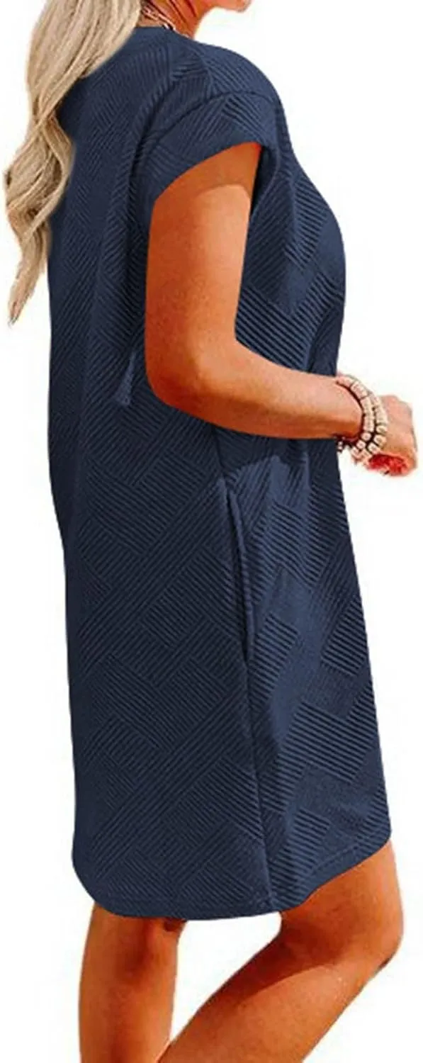 ZDRZK Dresses for Women Casual Cap Sleeve Solid Color Work Sundresses with Pockets Summer Loose Fit Crewneck Mini Dress