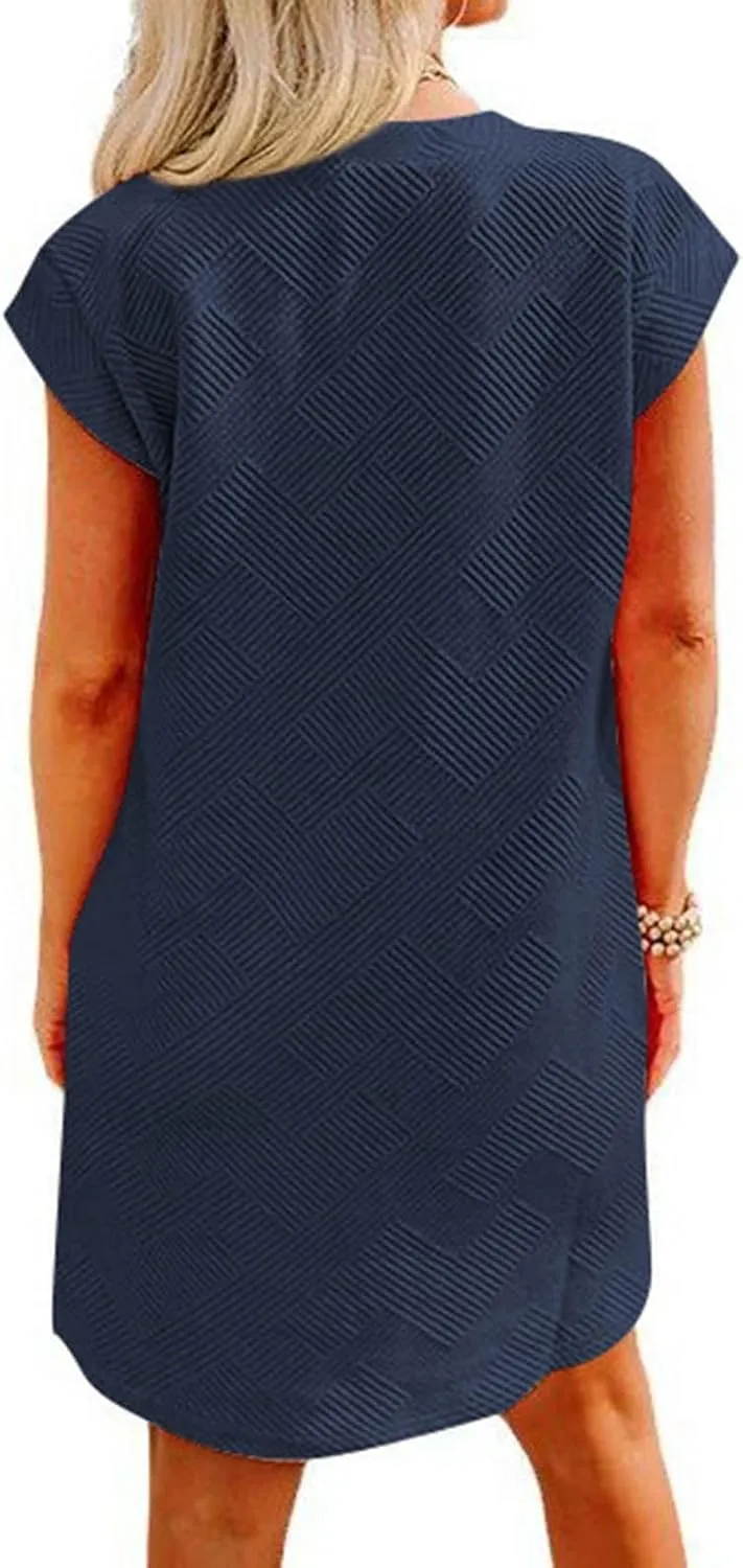 ZDRZK Dresses for Women Casual Cap Sleeve Solid Color Work Sundresses with Pockets Summer Loose Fit Crewneck Mini Dress