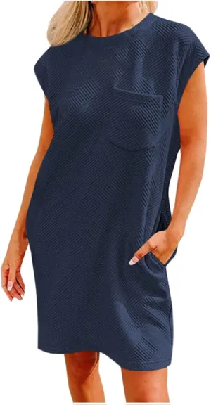 ZDRZK Dresses for Women Casual Cap Sleeve Solid Color Work Sundresses with Pockets Summer Loose Fit Crewneck Mini Dress