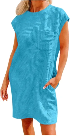 ZDRZK Dresses for Women Casual Cap Sleeve Solid Color Work Sundresses with Pockets Summer Loose Fit Crewneck Mini Dress