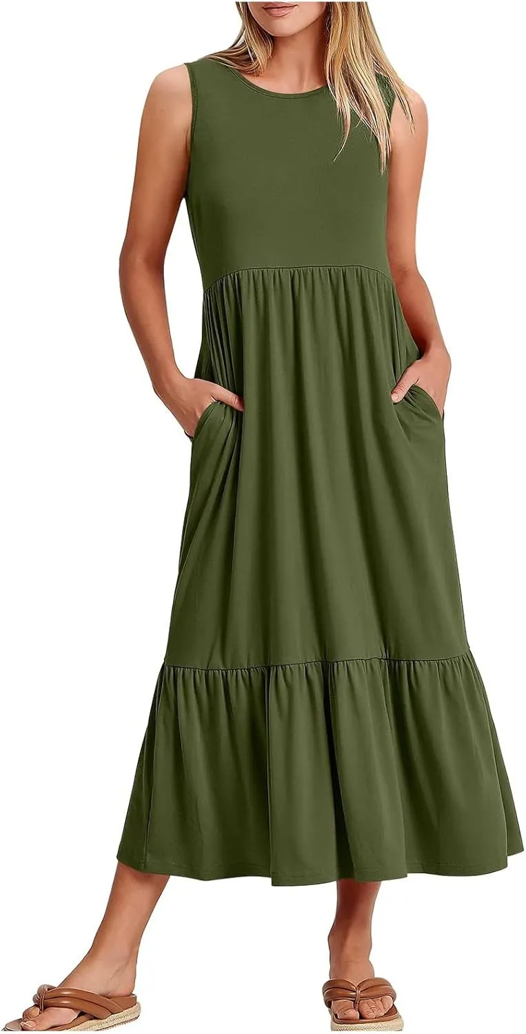 ZDRZK Sundresses for Women 2024 Crewneck Casual Flowy Beach Maxi Dress Sleeveless Tiered Summer Tank Dresses with Pockets