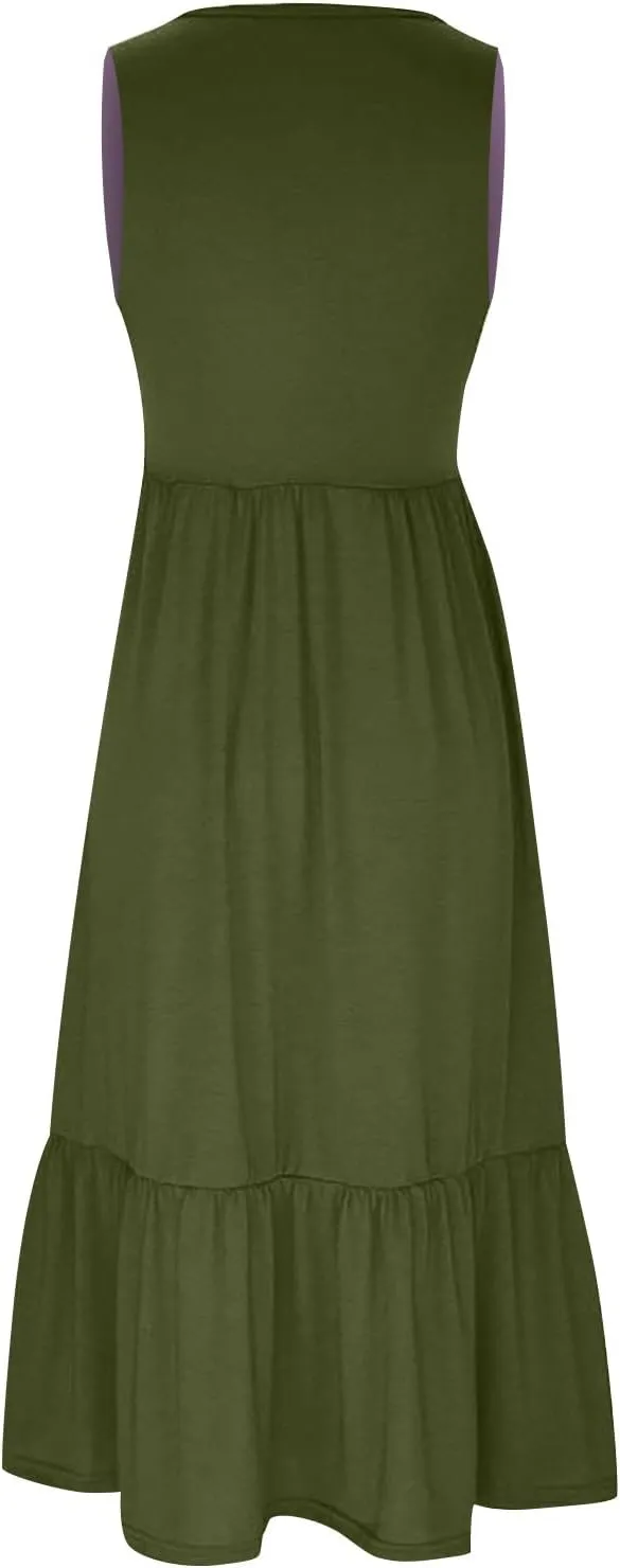 ZDRZK Sundresses for Women 2024 Crewneck Casual Flowy Beach Maxi Dress Sleeveless Tiered Summer Tank Dresses with Pockets