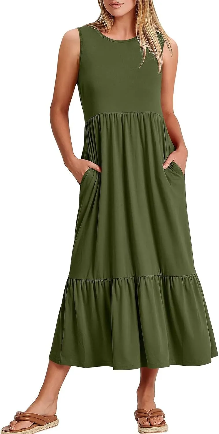 ZDRZK Sundresses for Women 2024 Crewneck Casual Flowy Beach Maxi Dress Sleeveless Tiered Summer Tank Dresses with Pockets