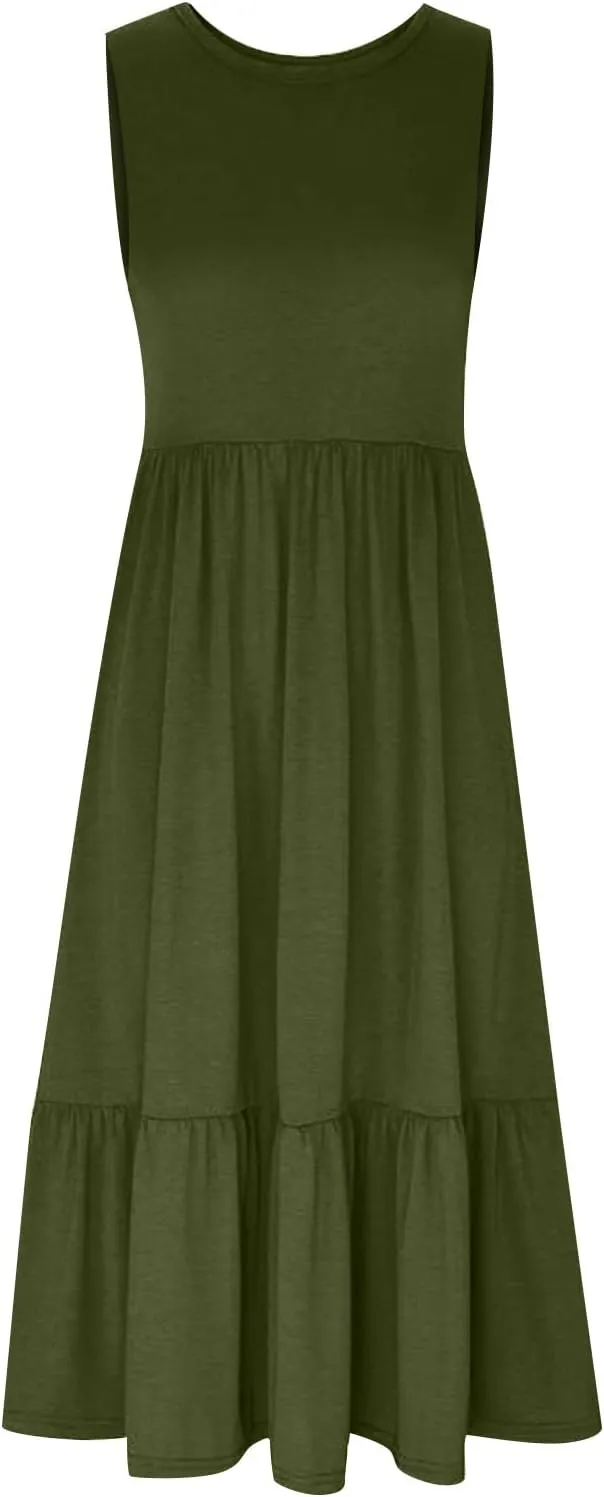 ZDRZK Sundresses for Women 2024 Crewneck Casual Flowy Beach Maxi Dress Sleeveless Tiered Summer Tank Dresses with Pockets