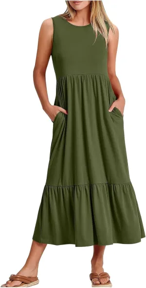ZDRZK Sundresses for Women 2024 Crewneck Casual Flowy Beach Maxi Dress Sleeveless Tiered Summer Tank Dresses with Pockets