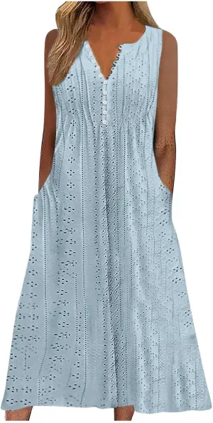 ZDRZK Sundresses for Women Eyelet Embroidery Solid Color Long Maxi Dresses Pockets Hollow Out Casual Dresses 2024 Trendy