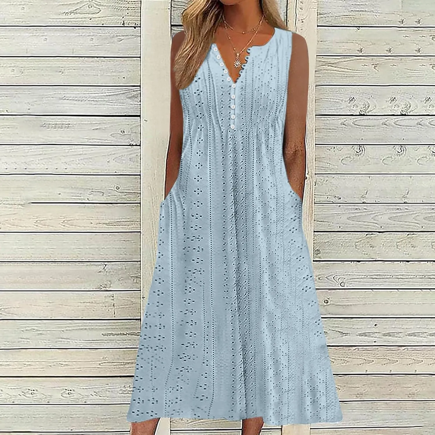 ZDRZK Sundresses for Women Eyelet Embroidery Solid Color Long Maxi Dresses Pockets Hollow Out Casual Dresses 2024 Trendy