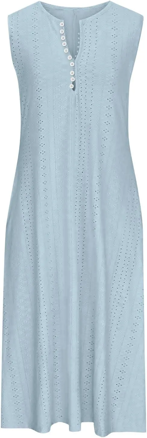 ZDRZK Sundresses for Women Eyelet Embroidery Solid Color Long Maxi Dresses Pockets Hollow Out Casual Dresses 2024 Trendy