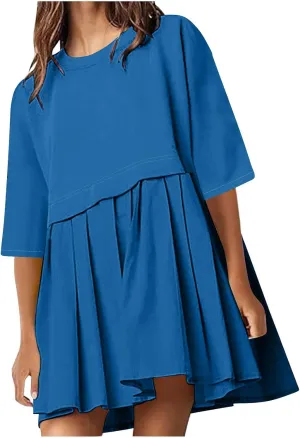 ZDRZK Women's Summer Dresses 3/4 Sleeve Crewneck Solid Color Casual Sundresses Loose Flowy Beach Mini Dress Trendy 2024
