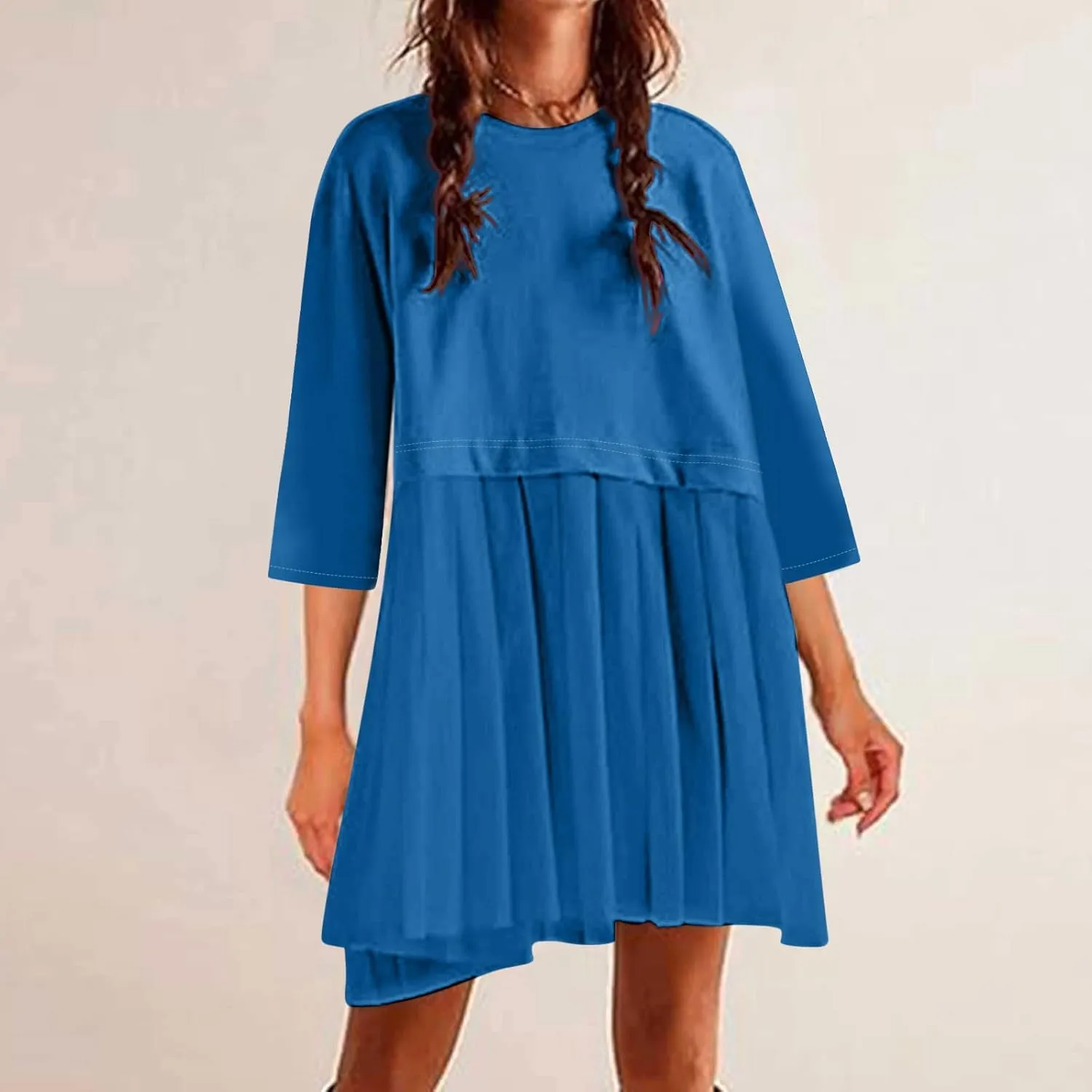 ZDRZK Women's Summer Dresses 3/4 Sleeve Crewneck Solid Color Casual Sundresses Loose Flowy Beach Mini Dress Trendy 2024