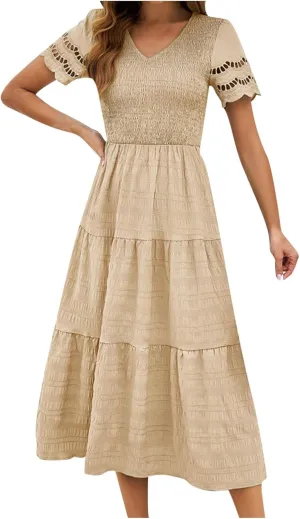 ZDRZK Womens Summer Dresses Short Sleeve Tiered Flowy Smocked Long Sundresses 2024 Vacation Trendy V-Neck Casual Midi Dress