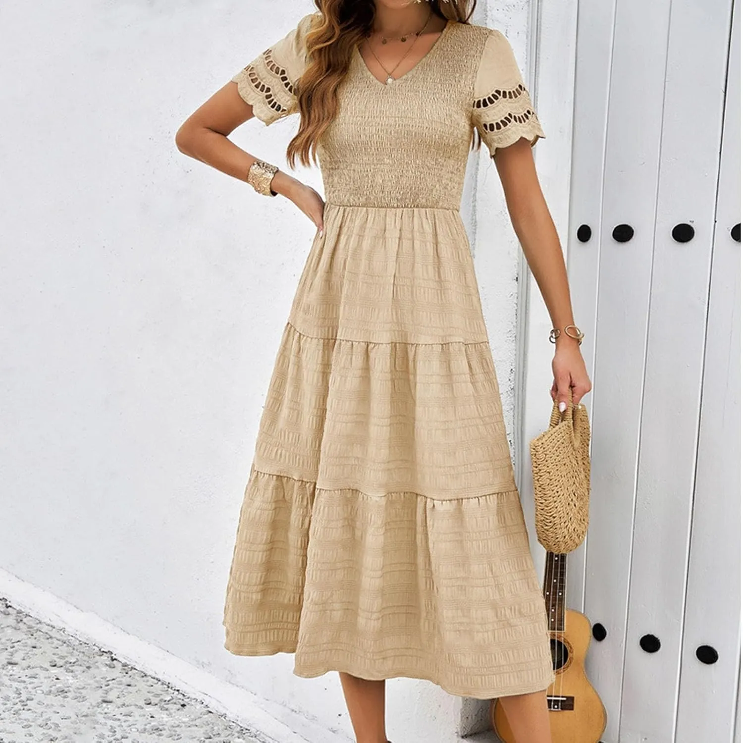 ZDRZK Womens Summer Dresses Short Sleeve Tiered Flowy Smocked Long Sundresses 2024 Vacation Trendy V-Neck Casual Midi Dress