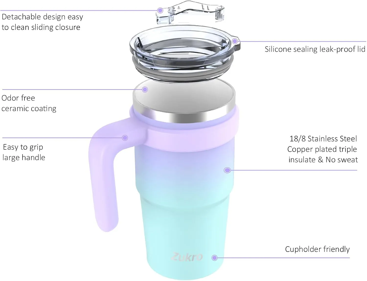 Zukro 20 oz Ceramic Lined Insulated Tumbler with Handle and Straw For Pure Coffee Taste, Reusable Travel Mug with Spill-Proof Lid, Stainless Steel Iced and Hot Coffee Cup, BPA-Free, Pink