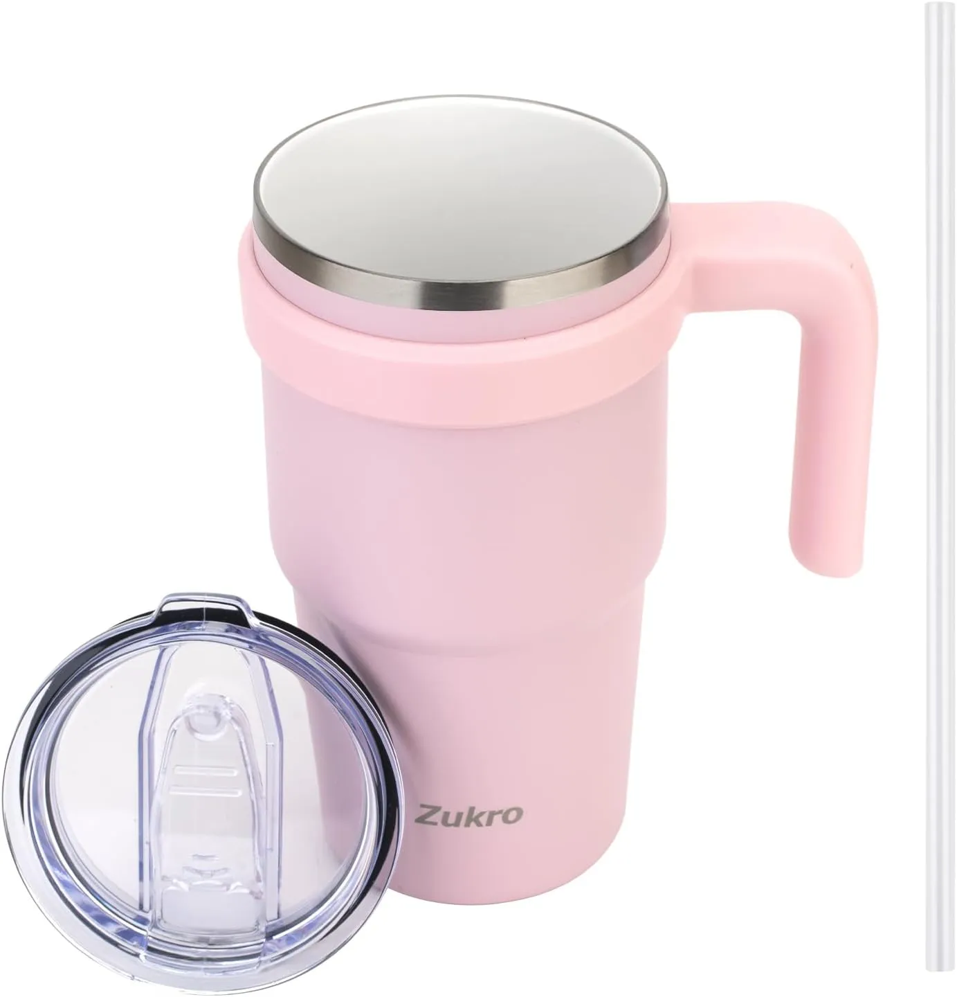 Zukro 20 oz Ceramic Lined Insulated Tumbler with Handle and Straw For Pure Coffee Taste, Reusable Travel Mug with Spill-Proof Lid, Stainless Steel Iced and Hot Coffee Cup, BPA-Free, Pink