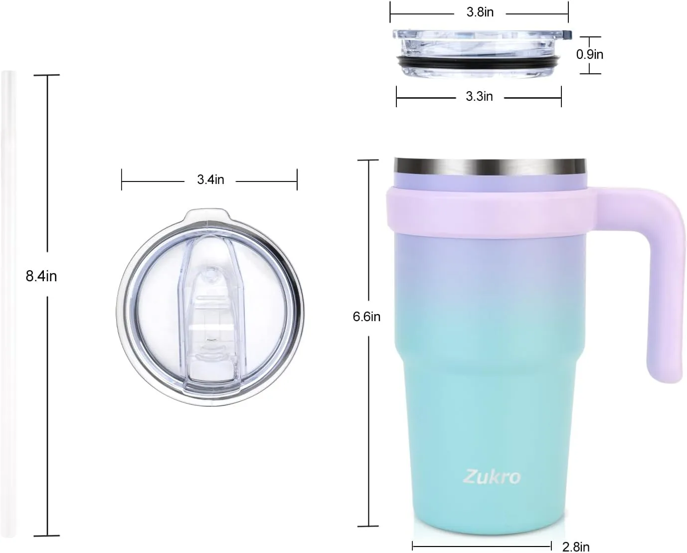 Zukro 20 oz Ceramic Lined Insulated Tumbler with Handle and Straw For Pure Coffee Taste, Reusable Travel Mug with Spill-Proof Lid, Stainless Steel Iced and Hot Coffee Cup, BPA-Free, Pink