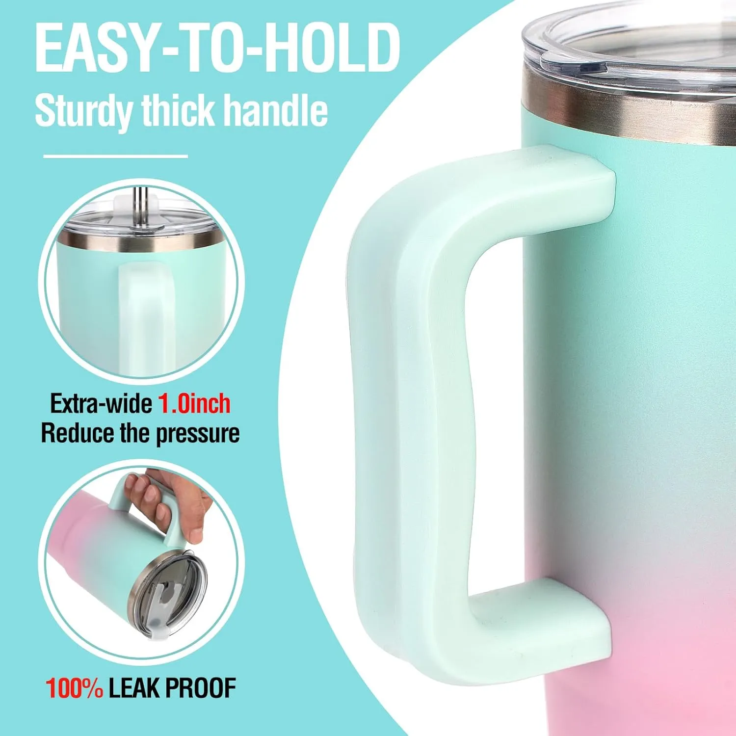 Zukro 24 oz Ceramic Lined Insulated Tumbler with Handle and Straw, No Metal Taste or Smell, Travel Coffee Mug with Spillproof Lids, No Sweat Stainless Steel Cup, Dishwasher Safe, Bluewave