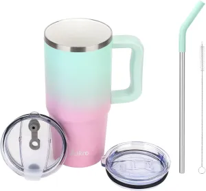 Zukro 24 oz Ceramic Lined Insulated Tumbler with Handle and Straw, No Metal Taste or Smell, Travel Coffee Mug with Spillproof Lids, No Sweat Stainless Steel Cup, Dishwasher Safe, Bubblegum