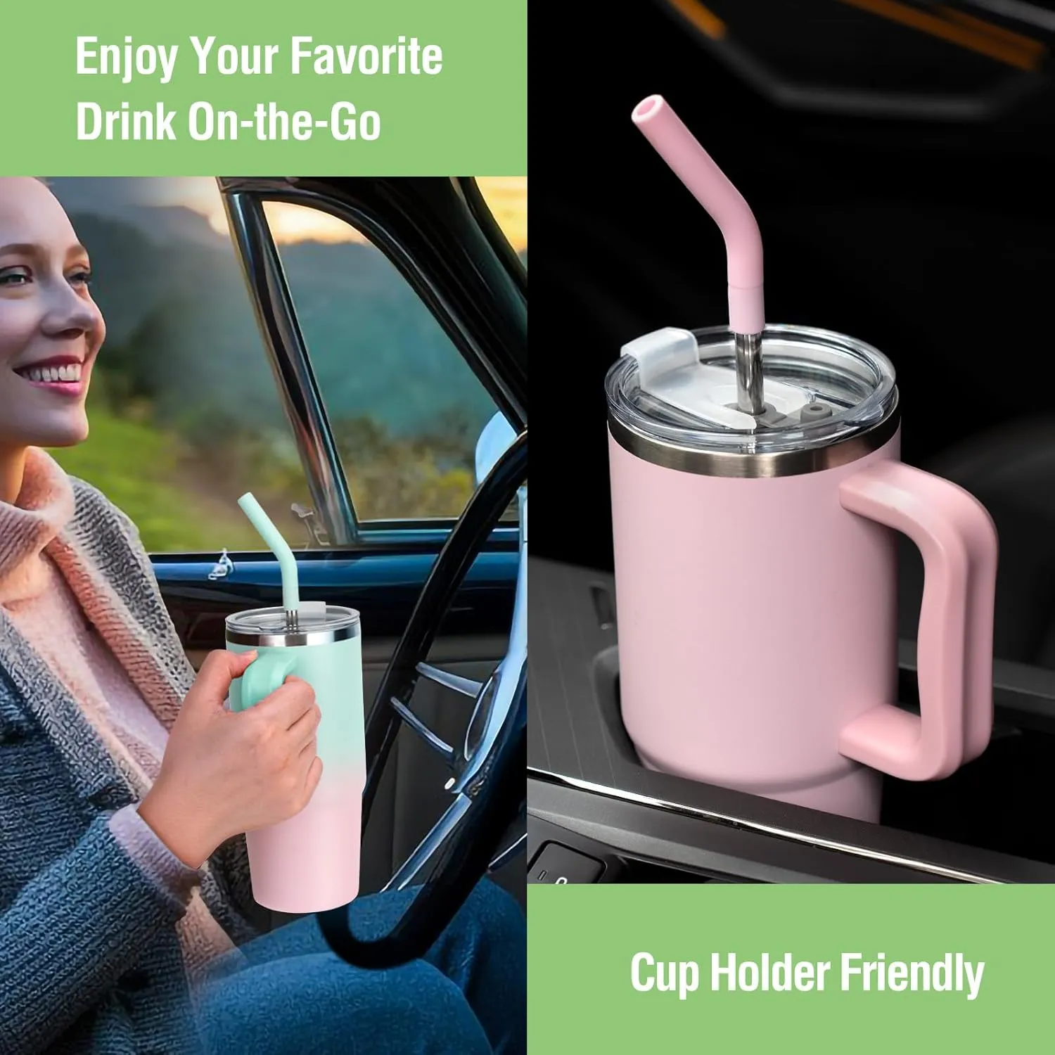 Zukro 24 oz Ceramic Lined Insulated Tumbler with Handle and Straw, No Metal Taste or Smell, Travel Coffee Mug with Spillproof Lids, No Sweat Stainless Steel Cup, Dishwasher Safe, Pink