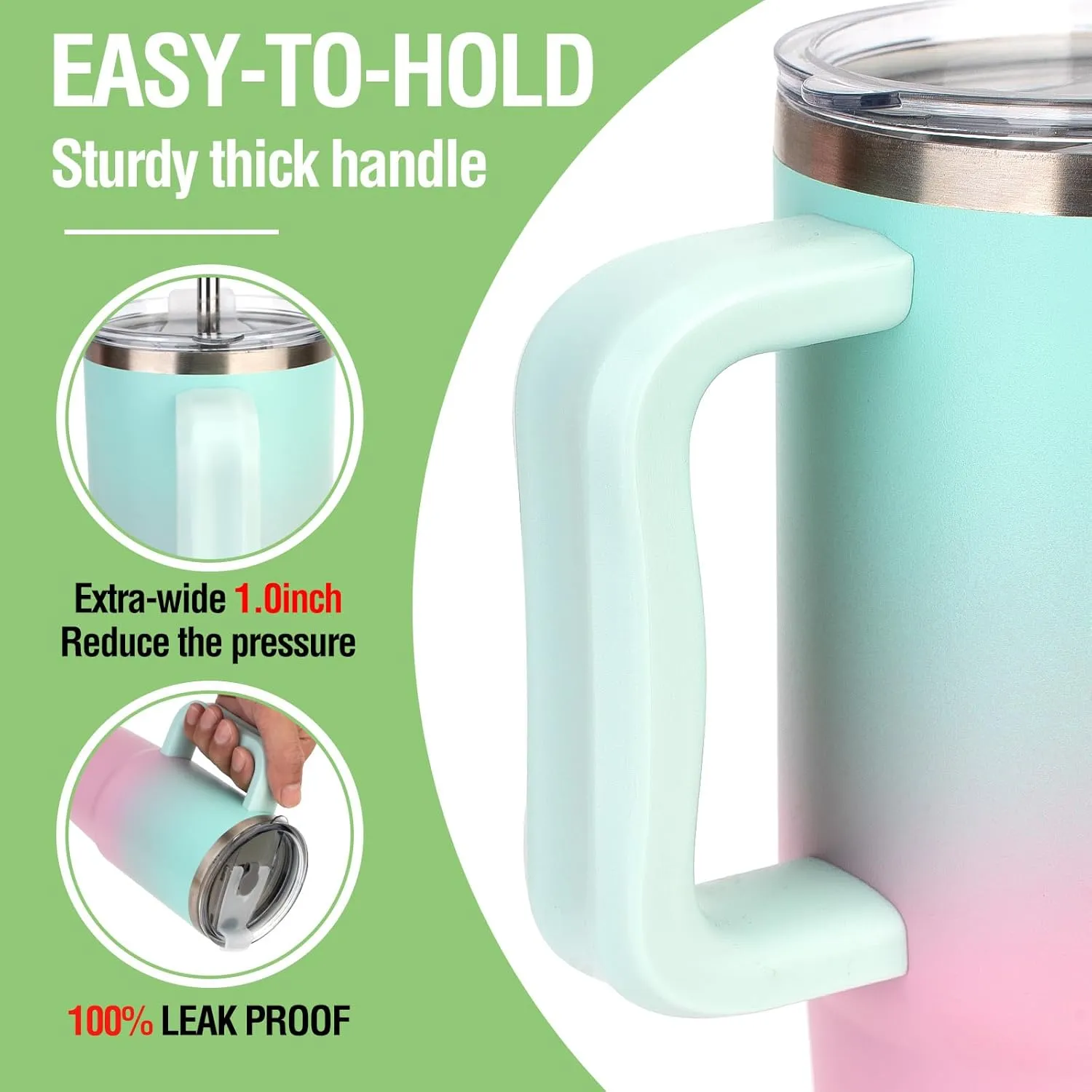 Zukro 24 oz Ceramic Lined Insulated Tumbler with Handle and Straw, No Metal Taste or Smell, Travel Coffee Mug with Spillproof Lids, No Sweat Stainless Steel Cup, Dishwasher Safe, Pink