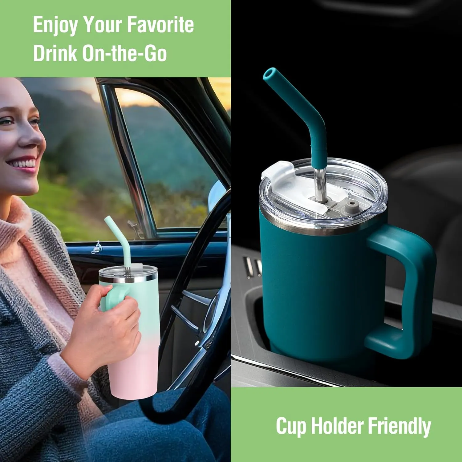 Zukro 24 oz Ceramic Lined Insulated Tumbler with Handle and Straw, No Metal Taste or Smell, Travel Coffee Mug with Spillproof Lids, No Sweat Stainless Steel Cup, Dishwasher Safe