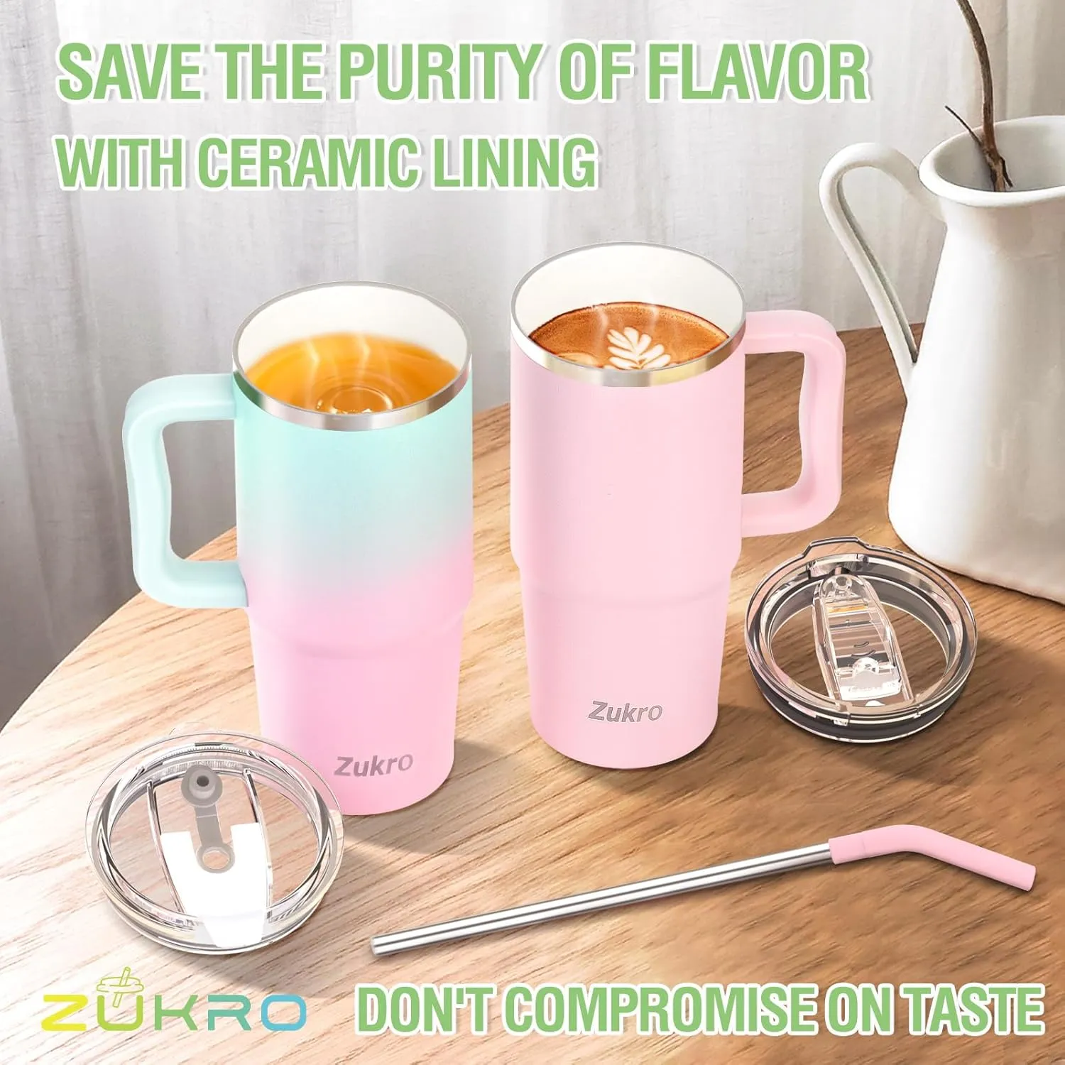 Zukro 24 oz Ceramic Lined Insulated Tumbler with Handle and Straw, No Metal Taste or Smell, Travel Coffee Mug with Spillproof Lids, No Sweat Stainless Steel Cup, Dishwasher Safe